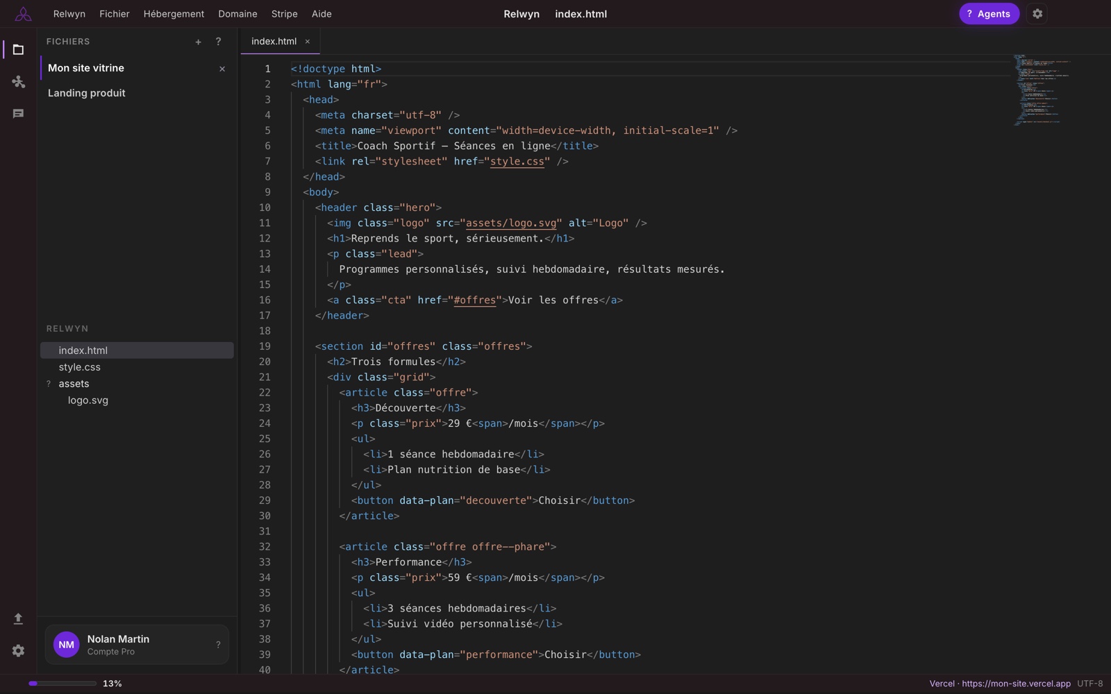 Éditeur Relwyn : explorateur de fichiers, onglets et code coloré