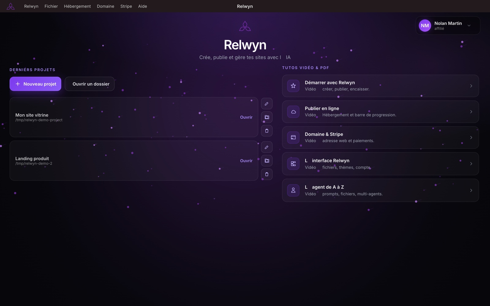 Accueil de Relwyn : projets récents et tutoriels vidéo